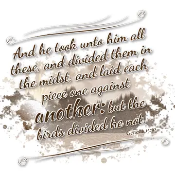 Genesis 15:10 – And he took unto him all these, and divided them in the midst, and laid each piece one against another: but the birds divided he not.