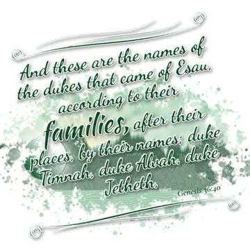 Genesis 36:40 – And these are the names of the dukes that came of Esau, according to their families, after their places, by their names; duke Timnah, duke Alvah…