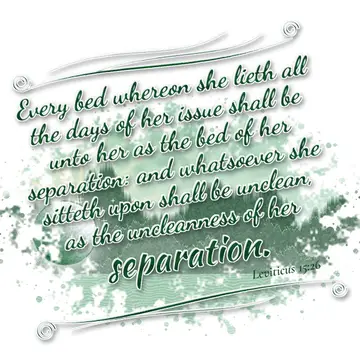 Leviticus 15:26 – Every bed whereon she lieth all the days of her issue shall be unto her as the bed of her separation: and whatsoever she sitteth upon shall be…