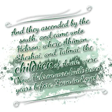 Numbers 13:22 – And they ascended by the south, and came unto Hebron; where Ahiman, Sheshai, and Talmai, the children of Anak, were. (Now Hebron was built seven…
