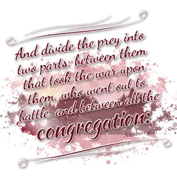 Numbers 31:27 – And divide the prey into two parts; between them that took the war upon them, who went out to battle, and between all the congregation: