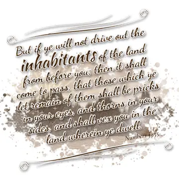 Numbers 33:55 – But if ye will not drive out the inhabitants of the land from before you; then it shall come to pass, that those which ye let remain of them shall be…
