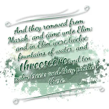 Numbers 33:9 – And they removed from Marah, and came unto Elim: and in Elim were twelve fountains of water, and threescore and ten palm trees; and they pitched…