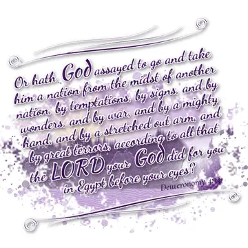 Deuteronomy 4:34 – Or hath God assayed to go and take him a nation from the midst of another nation, by temptations, by signs, and by wonders, and by war, and by a…