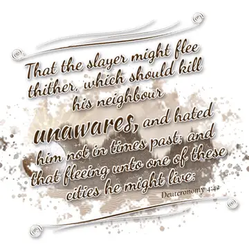 Deuteronomy 4:42 – That the slayer might flee thither, which should kill his neighbour unawares, and hated him not in times past; and that fleeing unto one of these…