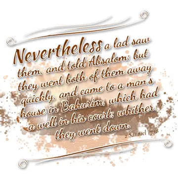 2 Samuel 17:18 – Nevertheless a lad saw them, and told Absalom: but they went both of them away quickly, and came to a man's house in Bahurim, which had a well in his…