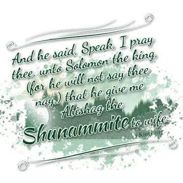 1 Kings 2:17 – And he said, Speak, I pray thee, unto Solomon the king, (for he will not say thee nay,) that he give me Abishag the Shunammite to wife.