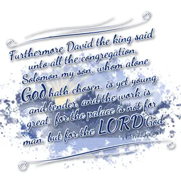 1 Chronicles 29:1 – Furthermore David the king said unto all the congregation, Solomon my son, whom alone God hath chosen, is yet young and tender, and the…