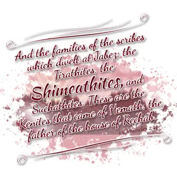 1 Chronicles 2:55 – And the families of the scribes which dwelt at Jabez; the Tirathites, the Shimeathites, and Suchathites. These are the Kenites that came of Hemath…