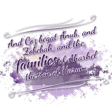 1 Chronicles 4:8 – And Coz begat Anub, and Zobebah, and the families of Aharhel the son of Harum.