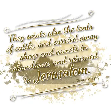2 Chronicles 14:15 – They smote also the tents of cattle, and carried away sheep and camels in abundance, and returned to Jerusalem.
