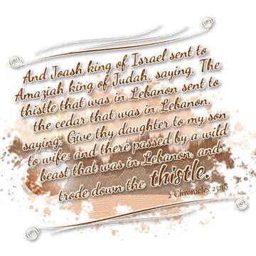 2 Chronicles 25:18 – And Joash king of Israel sent to Amaziah king of Judah, saying, The thistle that was in Lebanon sent to the cedar that was in Lebanon, saying, Give…