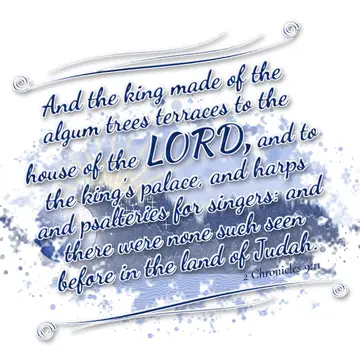 2 Chronicles 9:11 – And the king made of the algum trees terraces to the house of the LORD, and to the king's palace, and harps and psalteries for singers: and there…