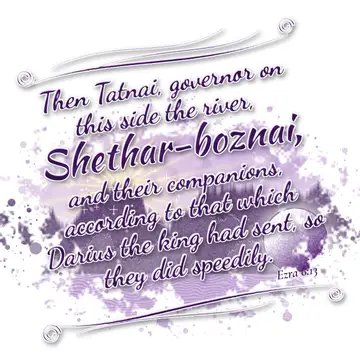 Ezra 6:13 – Then Tatnai, governor on this side the river, Shethar-boznai, and their companions, according to that which Darius the king had sent, so they did…