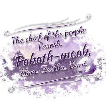Nehemiah 10:14 – The chief of the people; Parosh, Pahath-moab, Elam, Zatthu, Bani,