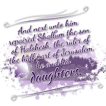 Nehemiah 3:12 – And next unto him repaired Shallum the son of Halohesh, the ruler of the half part of Jerusalem, he and his daughters.