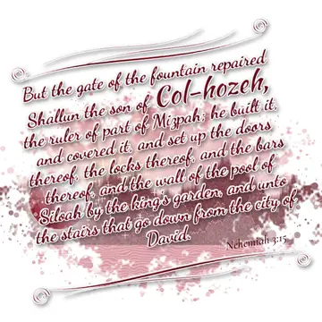 Nehemiah 3:15 – But the gate of the fountain repaired Shallun the son of Col-hozeh, the ruler of part of Mizpah; he built it, and covered it, and set up the doors…
