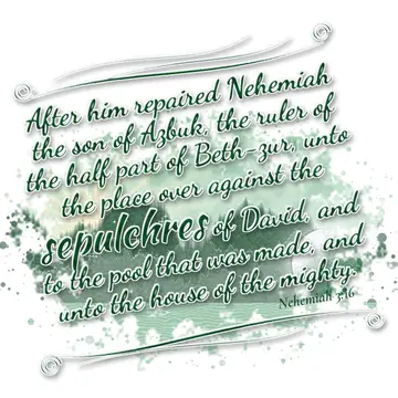 Nehemiah 3:16 – After him repaired Nehemiah the son of Azbuk, the ruler of the half part of Beth-zur, unto the place over against the sepulchres of David, and to the…