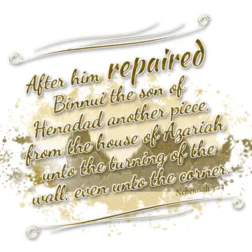 Nehemiah 3:24 – After him repaired Binnui the son of Henadad another piece, from the house of Azariah unto the turning of the wall, even unto the corner.