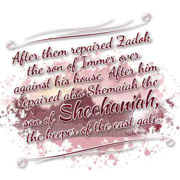 Nehemiah 3:29 – After them repaired Zadok the son of Immer over against his house. After him repaired also Shemaiah the son of Shechaniah, the keeper of the east…