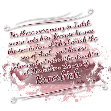 Nehemiah 6:18 – For there were many in Judah sworn unto him, because he was the son in law of Shechaniah the son of Arah; and his son Johanan had taken the daughter…