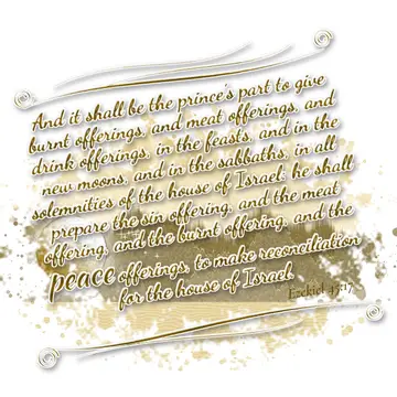 Ezekiel 45:17 – And it shall be the prince's part to give burnt offerings, and meat offerings, and drink offerings, in the feasts, and in the new moons, and in the…
