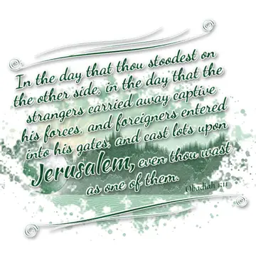 Obadiah 1:11 – In the day that thou stoodest on the other side, in the day that the strangers carried away captive his forces, and foreigners entered into his…