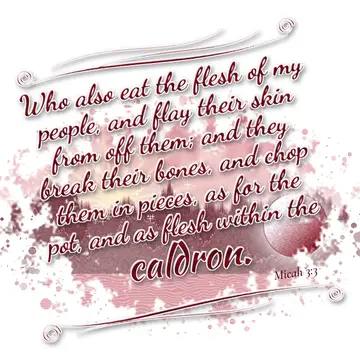 Micah 3:3 – Who also eat the flesh of my people, and flay their skin from off them; and they break their bones, and chop them in pieces, as for the pot, and as…