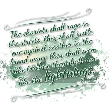 Nahum 2:4 – The chariots shall rage in the streets, they shall justle one against another in the broad ways: they shall seem like torches, they shall run like…