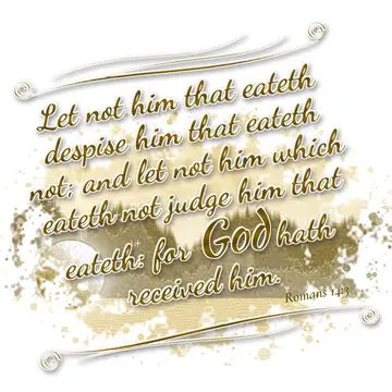 Romans 14:3 – Let not him that eateth despise him that eateth not; and let not him which eateth not judge him that eateth: for God hath received him.