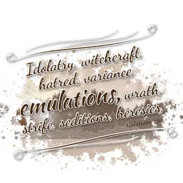 Galatians 5:20 – Idolatry, witchcraft, hatred, variance, emulations, wrath, strife, seditions, heresies,