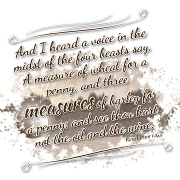 Revelation 6:6 – And I heard a voice in the midst of the four beasts say, A measure of wheat for a penny, and three measures of barley for a penny; and see thou hurt…